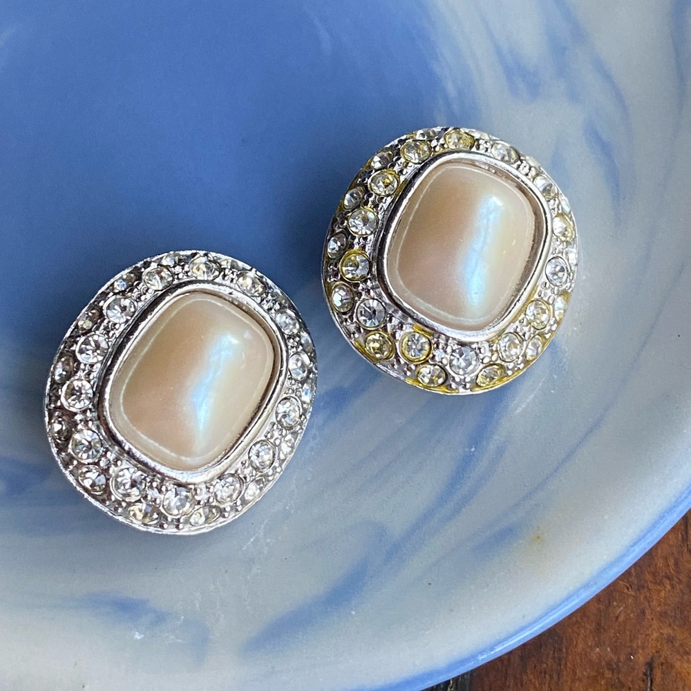 Big Vintage Faux Pearl/Rhinestone Earrings w/ Clip On